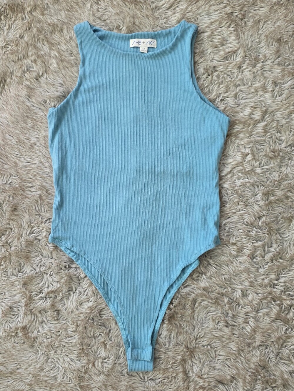 She + Sky Ribbed Sleeveless Blue One-Piece Bodysuit Women's Size Medium